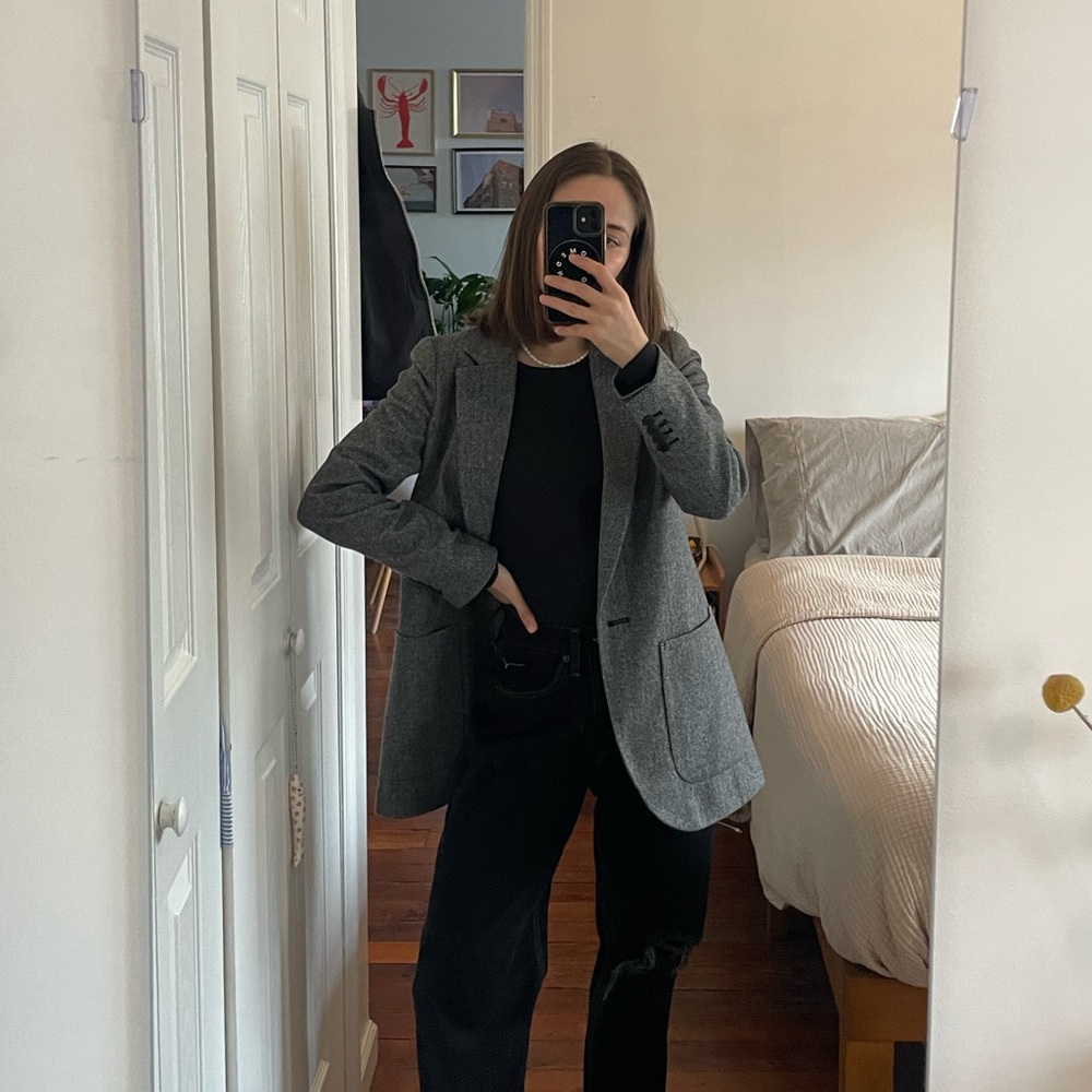 Gray Blazer with Black and White Polka Dot Top